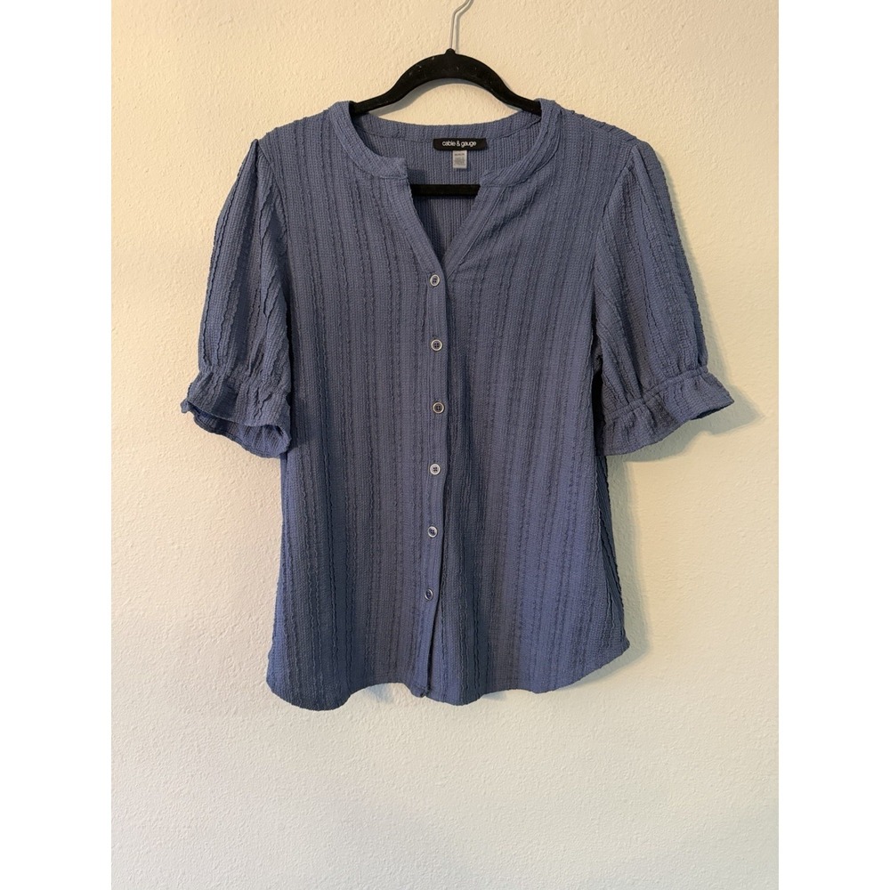 Cable & Gauge Women's Blue‎ Textured Crinkle, Button Front Blouse Medium